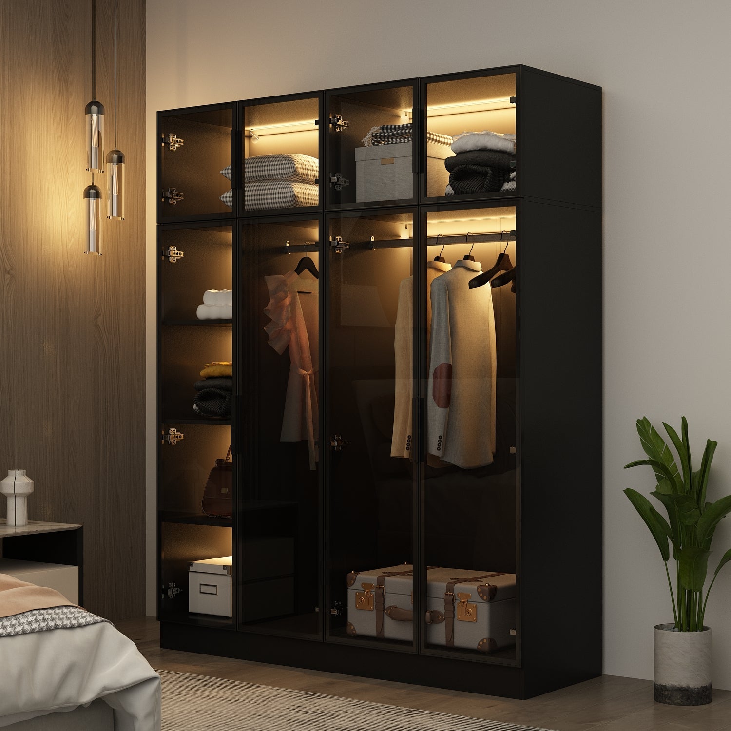 Elegant Black Wardrobe with LED Lighting and Tempered Glass Doors – My Store