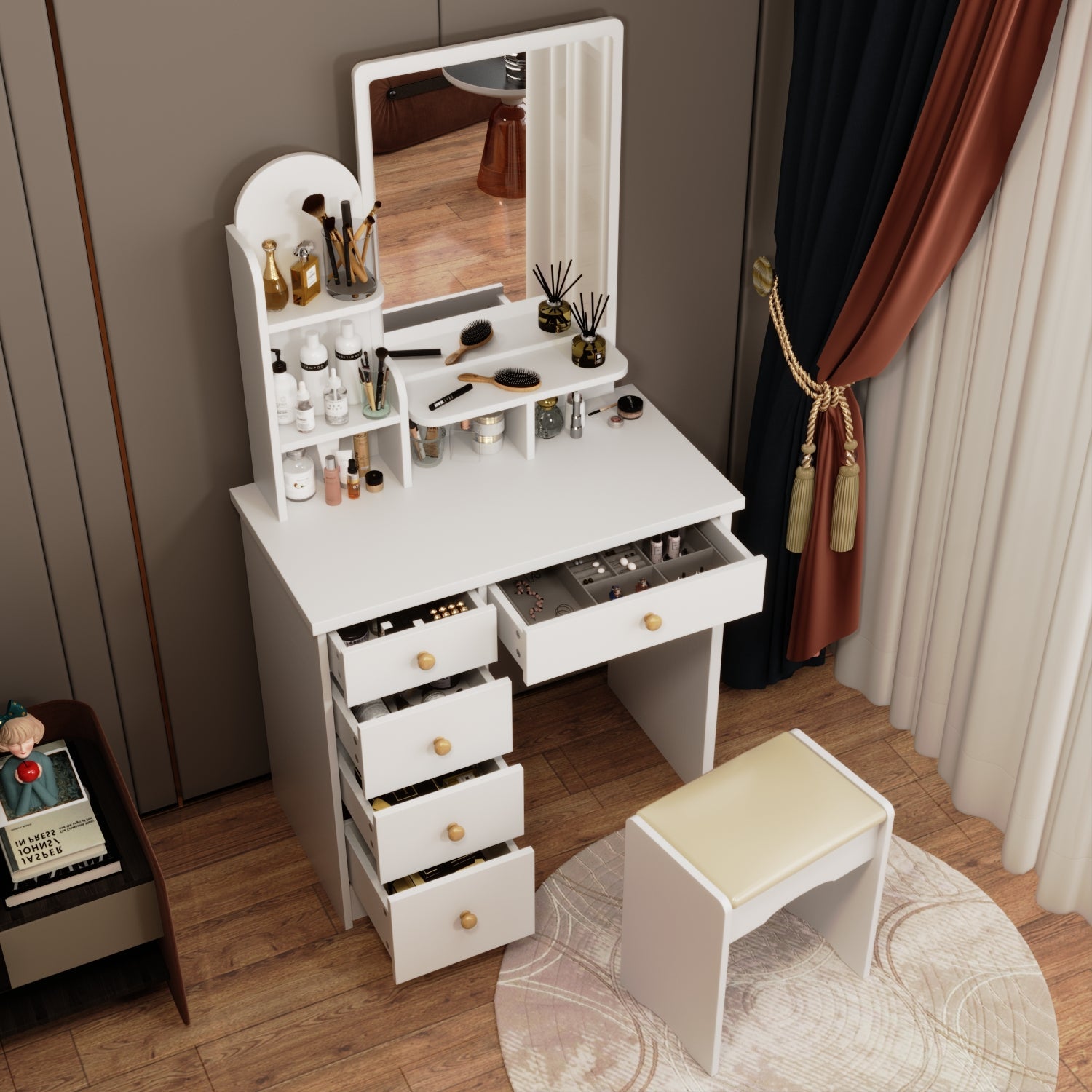 5-Drawer Makeup Vanity Set Dressing Table Set with Stool, Mirror, LED Light and 3-Tier Storage Shelves
