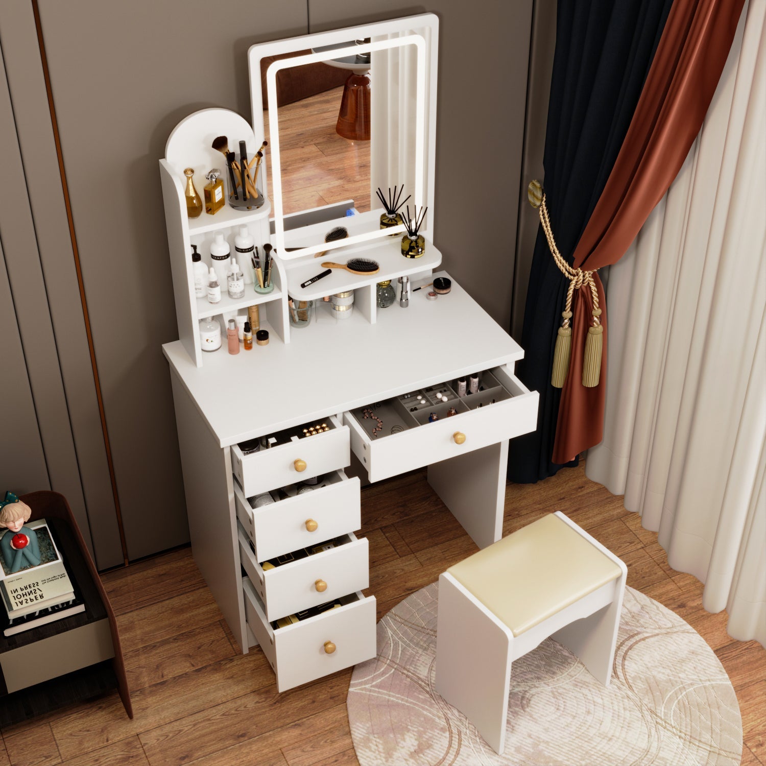 5-Drawer Makeup Vanity Set Dressing Table Set with Stool, Mirror, LED Light and 3-Tier Storage Shelves