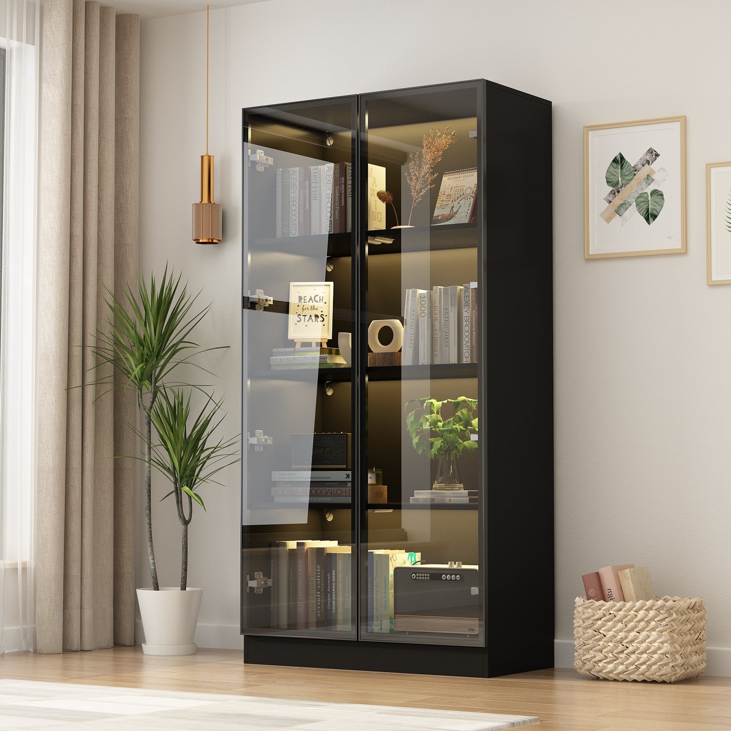 Display Cabinet Bookcase Stand Trophy Showcase with Lights and Glass Doors