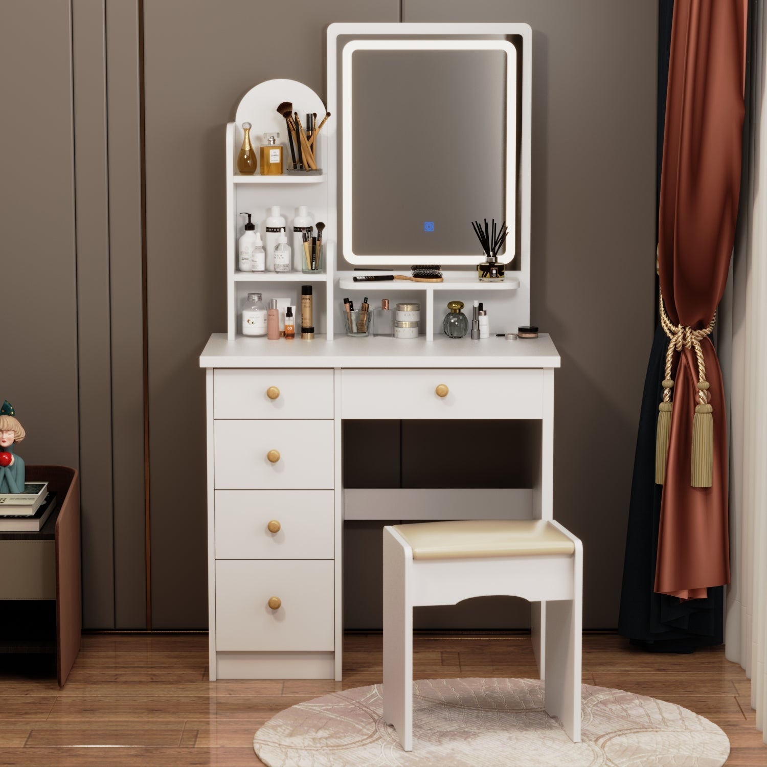 5-Drawer Makeup Vanity Set Dressing Table Set with Stool, Mirror, LED Light and 3-Tier Storage Shelves