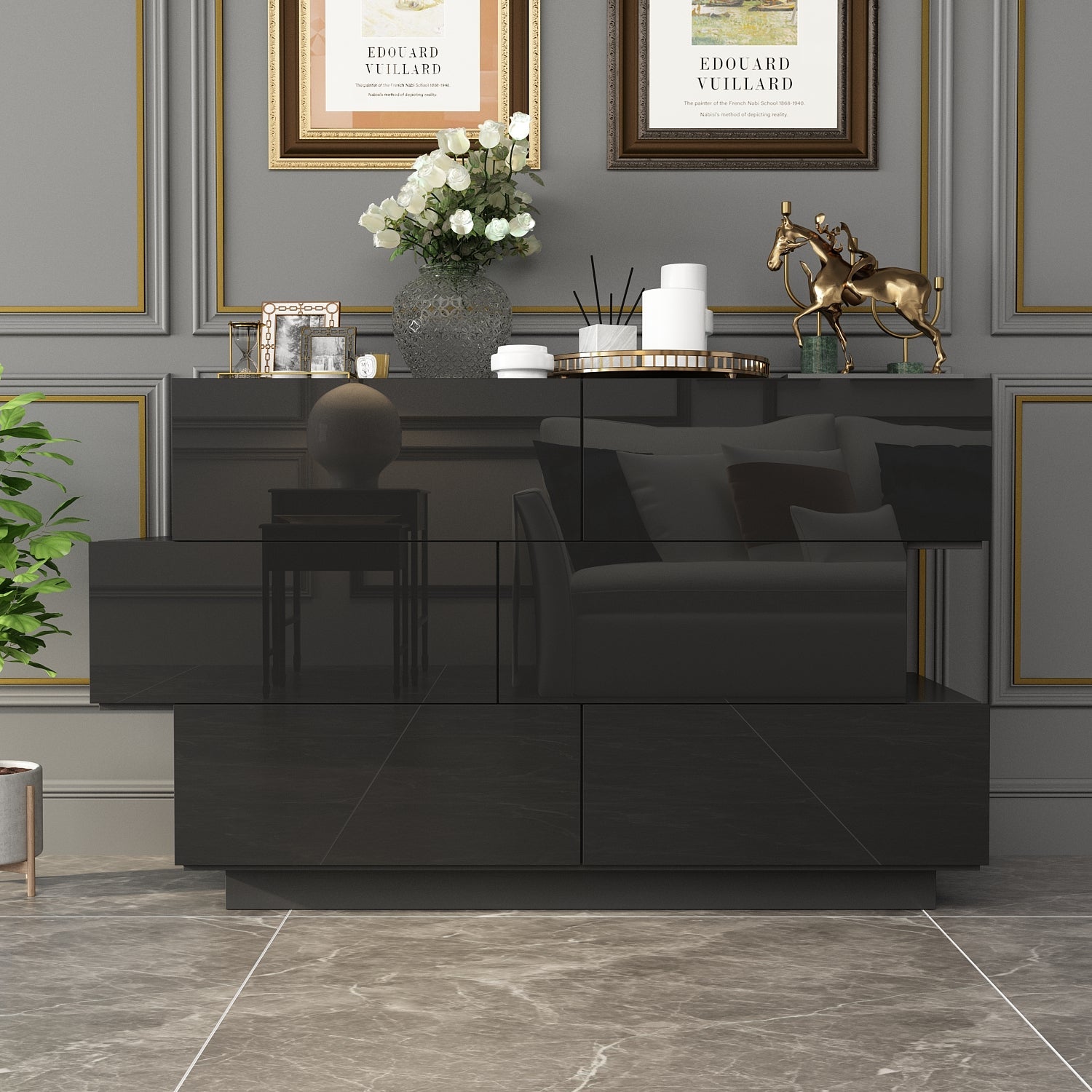 High Gloss Double Dress Chest 6-Drawer Sideboard for Living Room