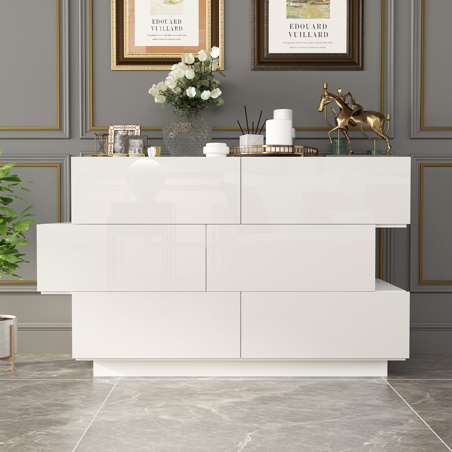 High Gloss Double Dress Chest 6-Drawer Sideboard for Living Room