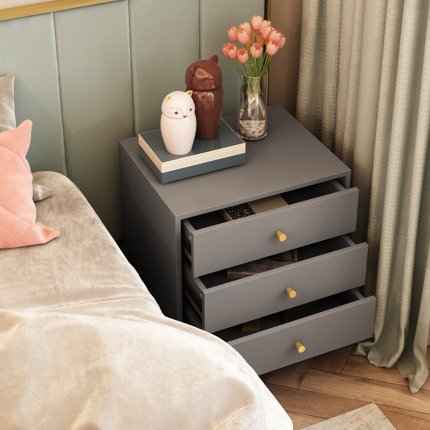 Nightstand Modern Bedside Table with Solid Wood Legs Minimalist and Versatile End Side Table 3 Drawers