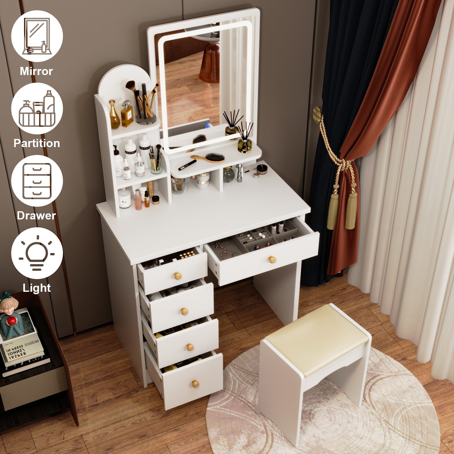 5-Drawer Makeup Vanity Set Dressing Table Set with Stool, Mirror, LED Light and 3-Tier Storage Shelves