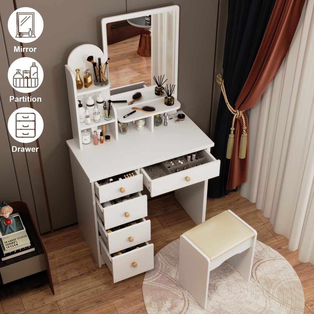 5-Drawer Makeup Vanity Set Dressing Table Set with Stool, Mirror, LED Light and 3-Tier Storage Shelves