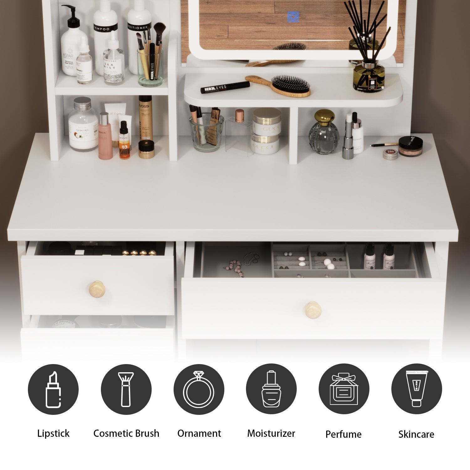 5-Drawer Makeup Vanity Set Dressing Table Set with Stool, Mirror, LED Light and 3-Tier Storage Shelves