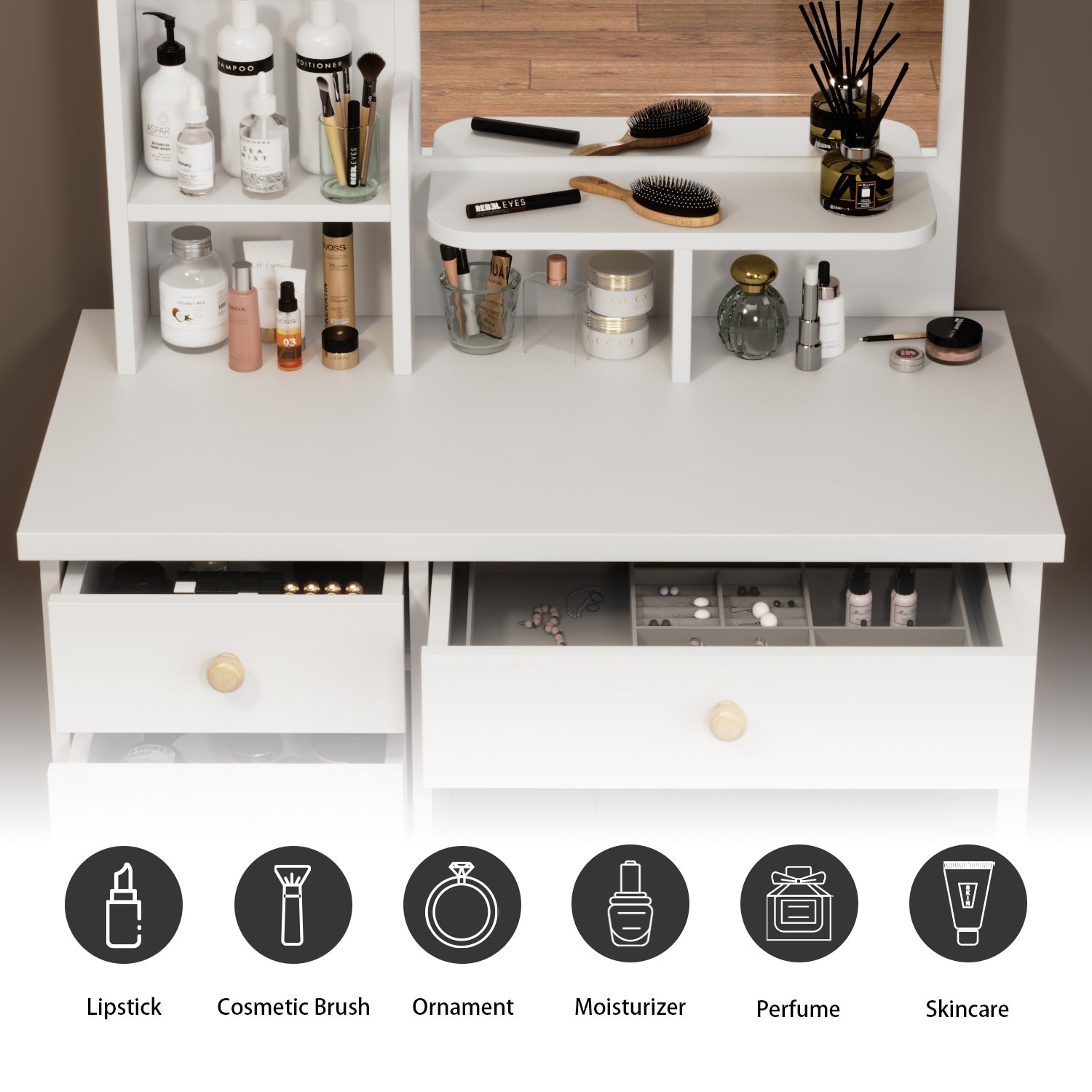 5-Drawer Makeup Vanity Set Dressing Table Set with Stool, Mirror, LED Light and 3-Tier Storage Shelves