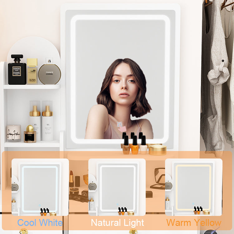 Vanity Set With Stool, Mirror, LED Light and 3-Tier Storage Shelves & 5-Drawer