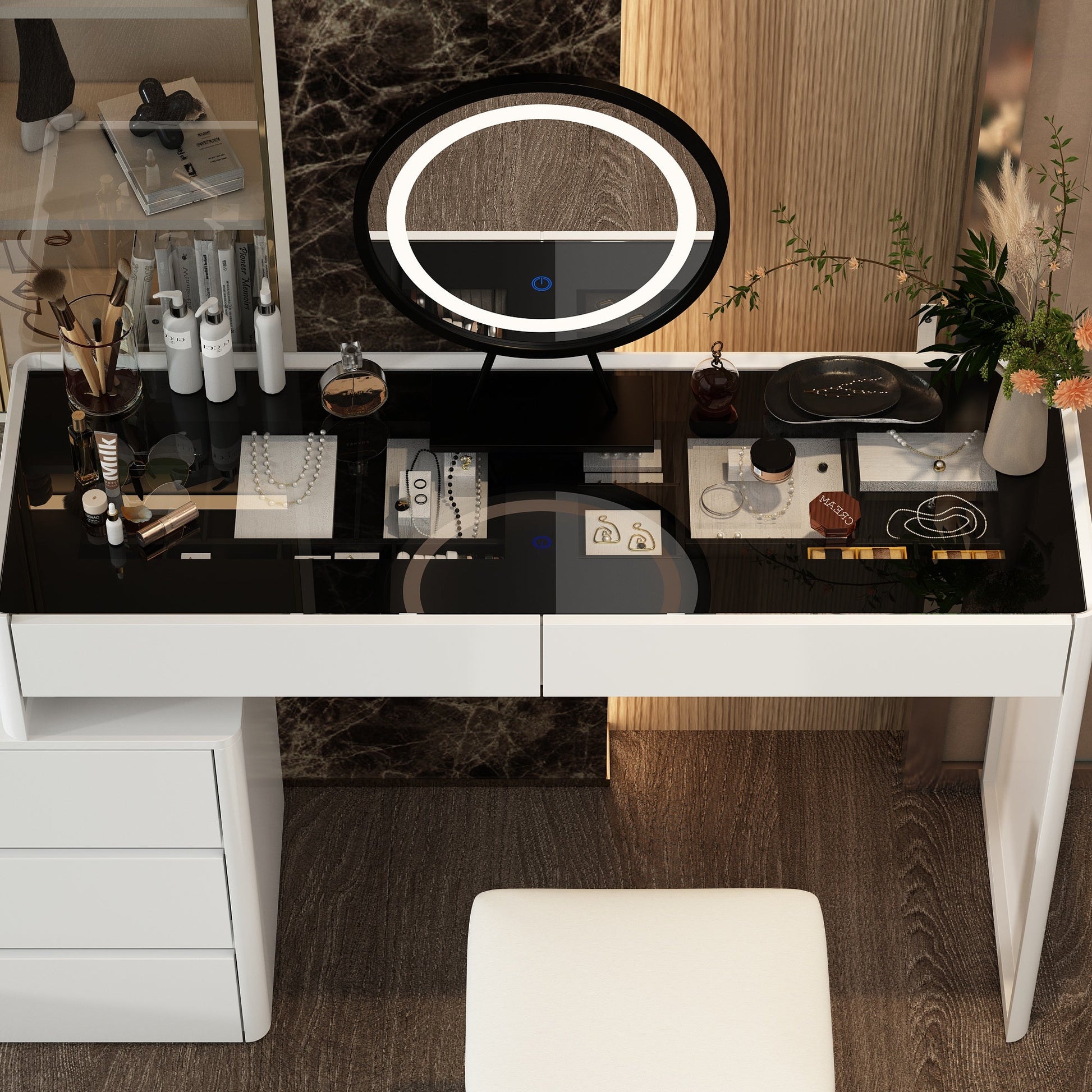 Elegant Makeup Vanity w/See-Through Glass Top and LED Mirror Dressing