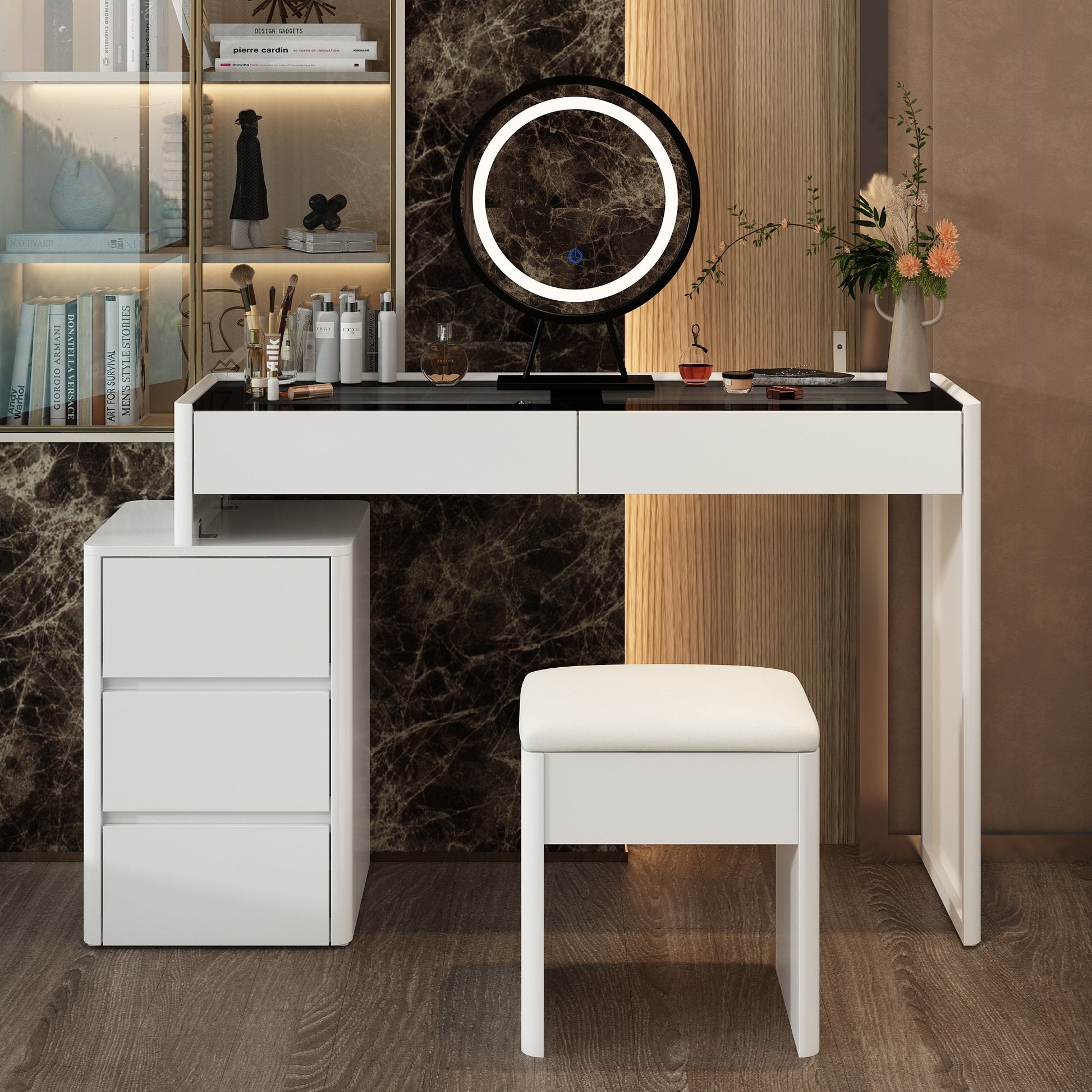 Elegant Makeup Vanity w/See-Through Glass Top and LED Mirror Dressing