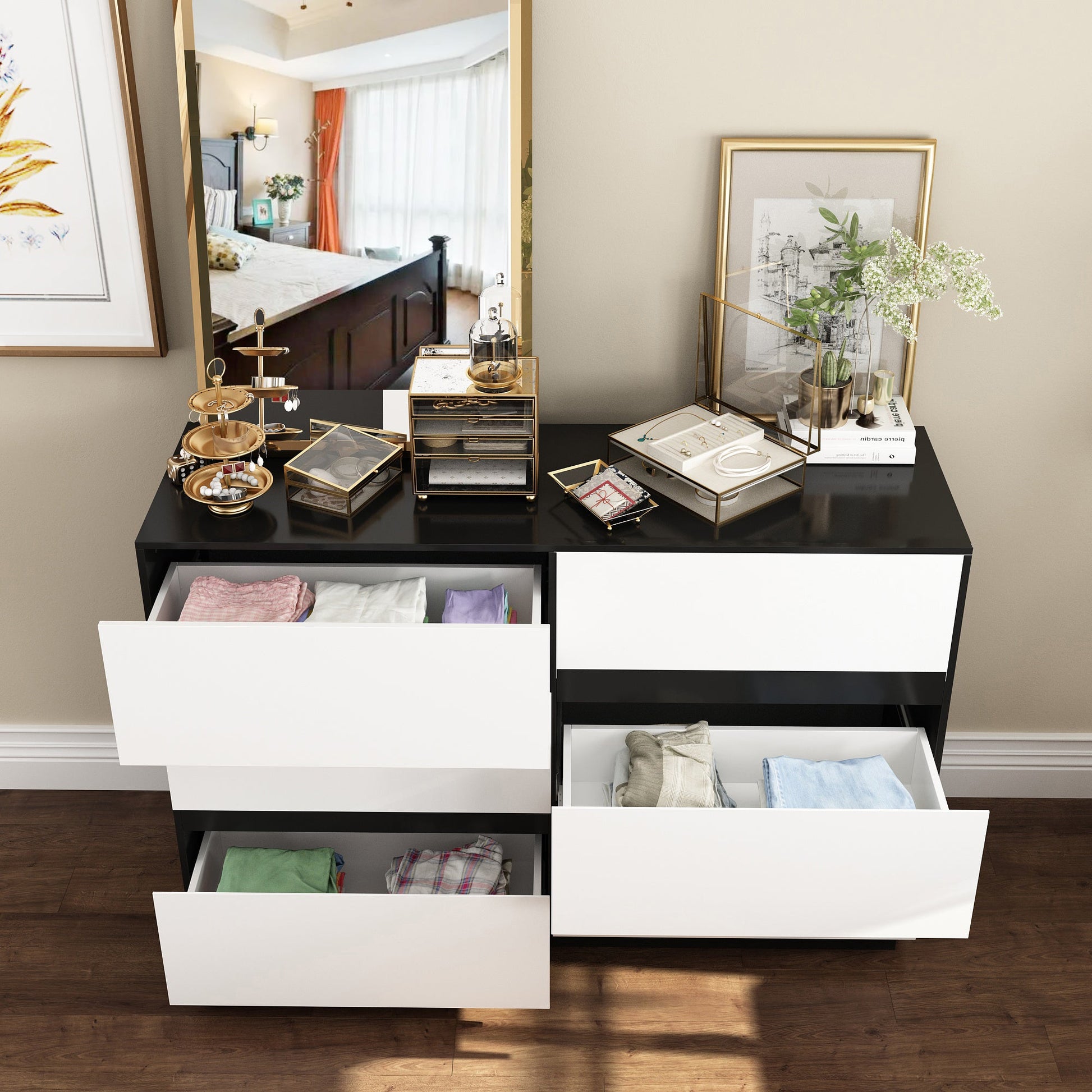 Modern 9-Drawer Double Dresser with Wide Drawers and Metal Handles for Bedroom or Living Room