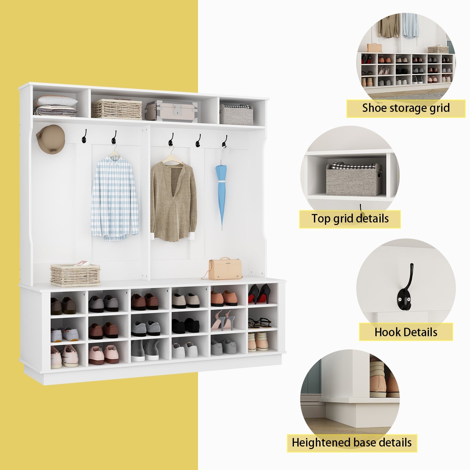 Large Hall Tree with Storage Bench 3-in-1 Entryway Bench with Double Hooks 18 Cubes