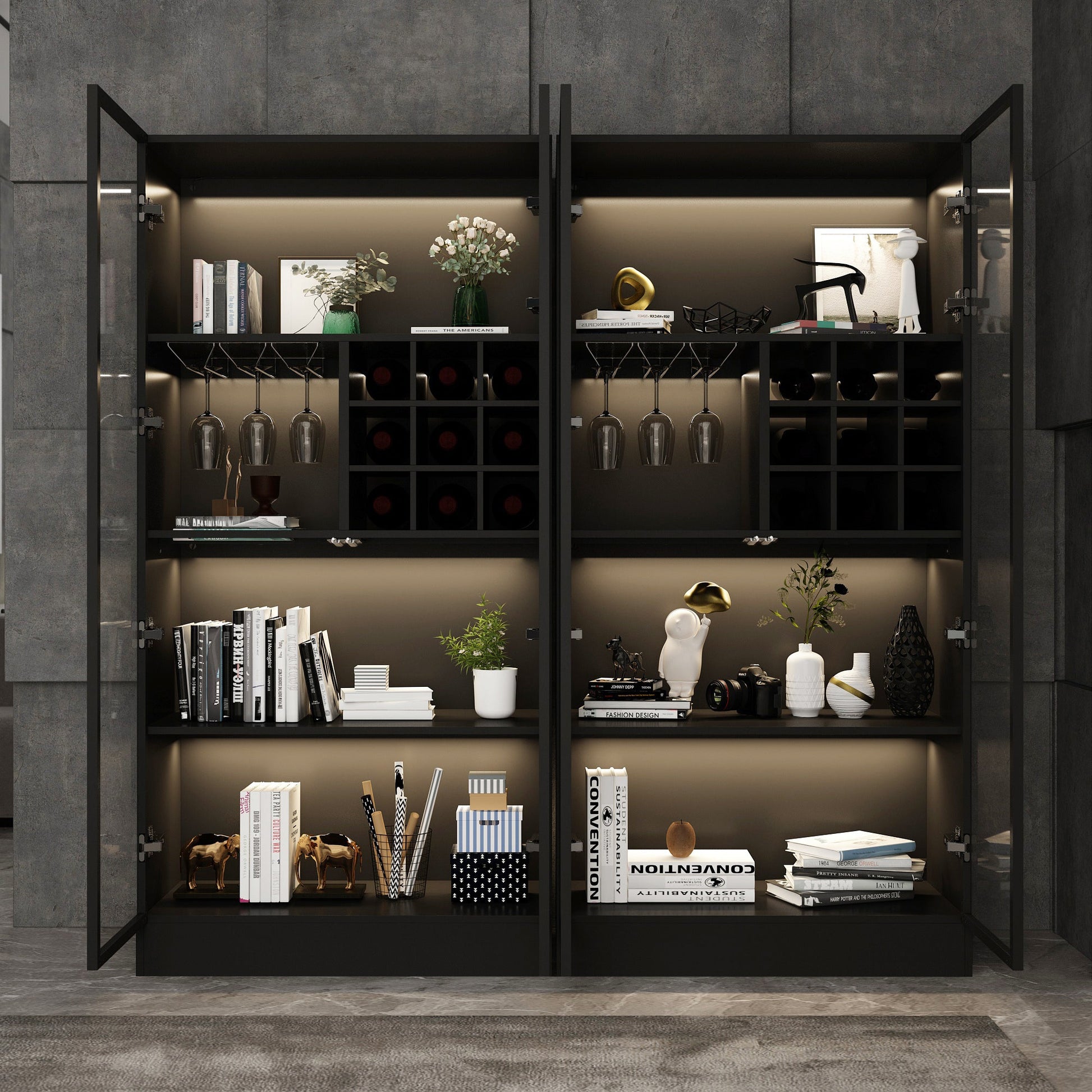 Display Cabinet Bookcase with Lights and Glass Doors