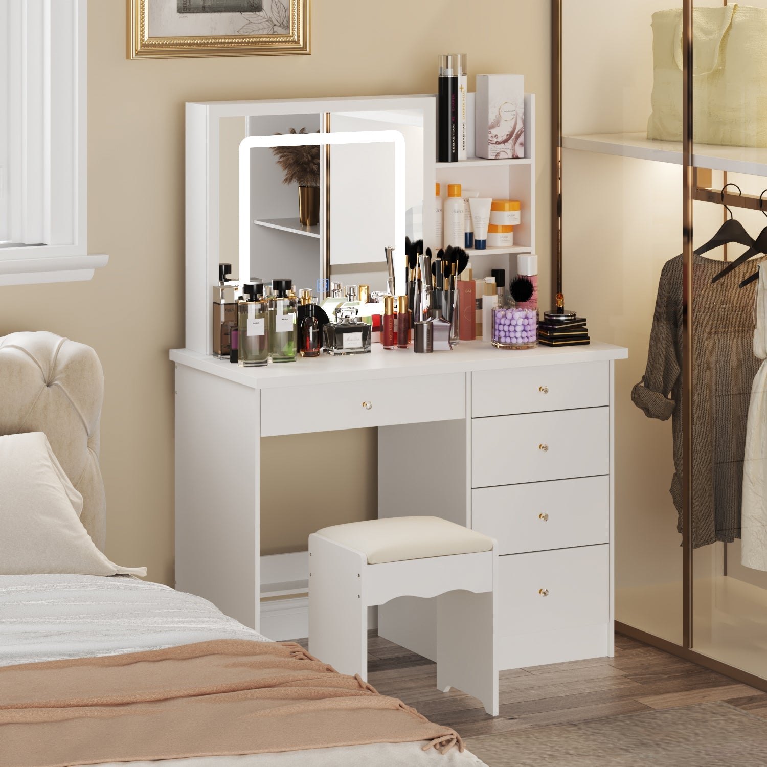 Large Vanity Set Makeup Vanity Dressing Table with Sliding Lighted Mirror 5 Drawers & Shelves