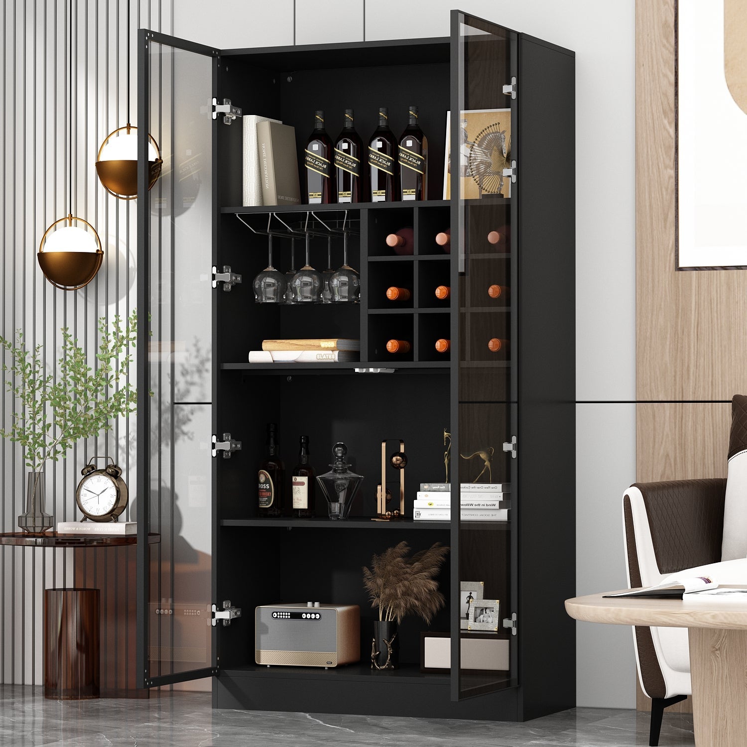 Display Cabinet Bookcase with Lights and Glass Doors
