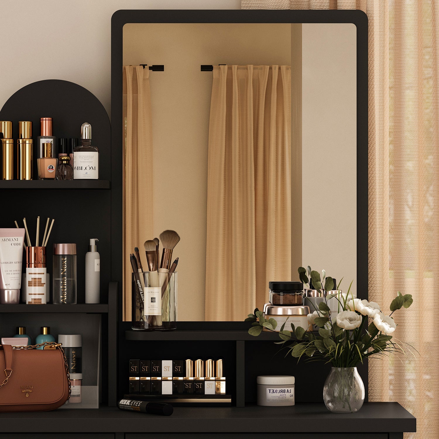 Vanity Set With Stool, Mirror, LED Light and 3-Tier Storage Shelves & 5-Drawer