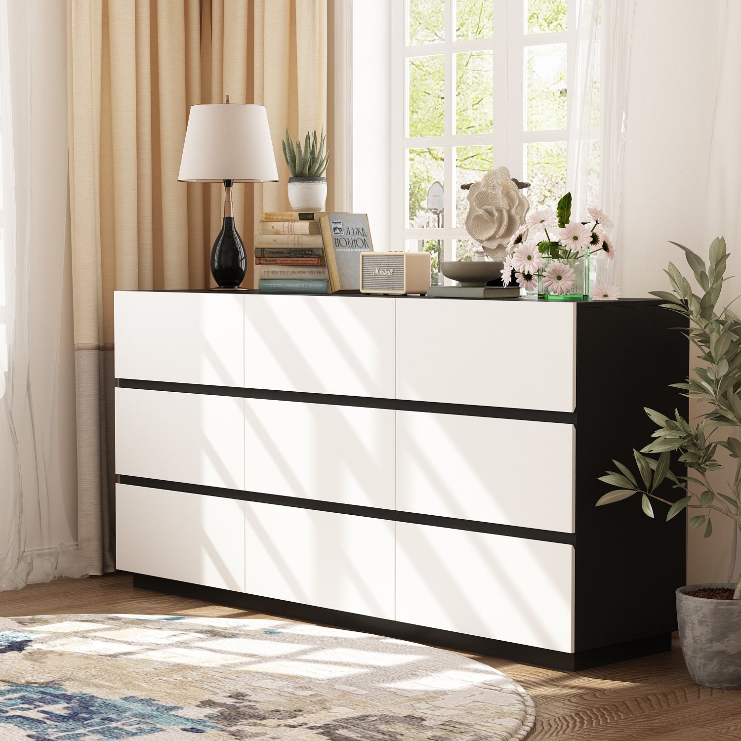 Modern 9-Drawer Double Dresser with Wide Drawers and Metal Handles for Bedroom or Living Room