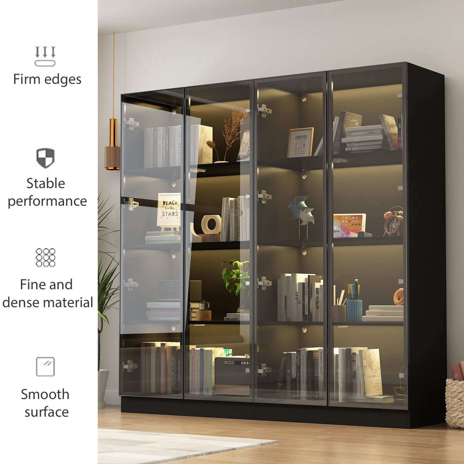Display Cabinet Bookcase Stand Trophy Showcase with Lights and Glass Doors