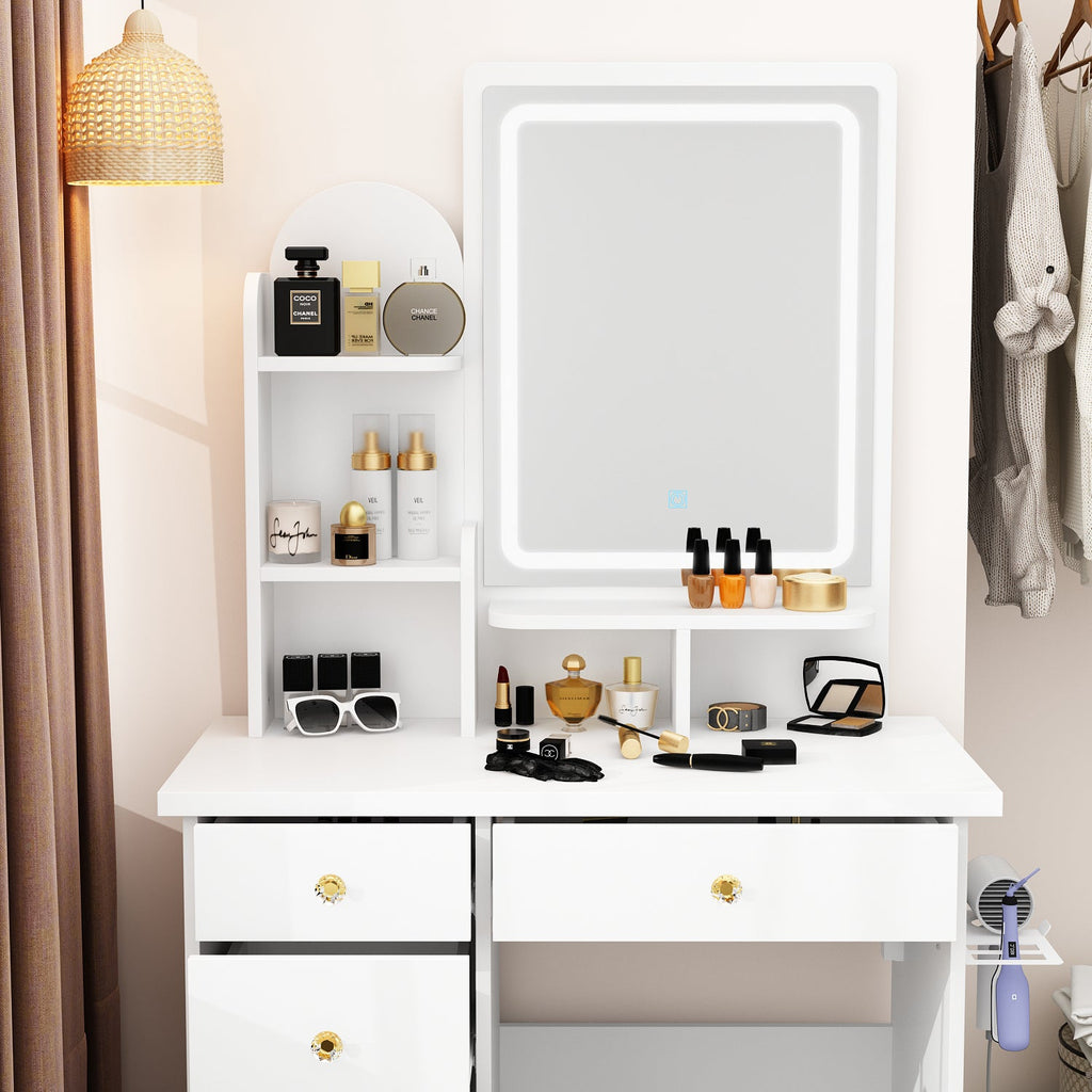 Vanity Set With Stool, Mirror, LED Light and 3-Tier Storage Shelves & 5-Drawer