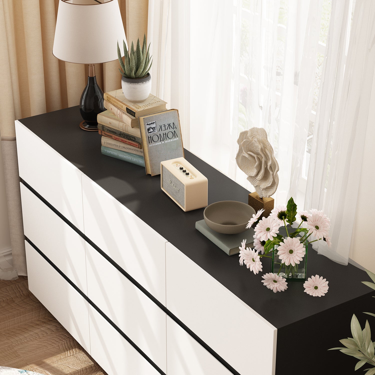 Modern 9-Drawer Double Dresser with Wide Drawers and Metal Handles for Bedroom or Living Room