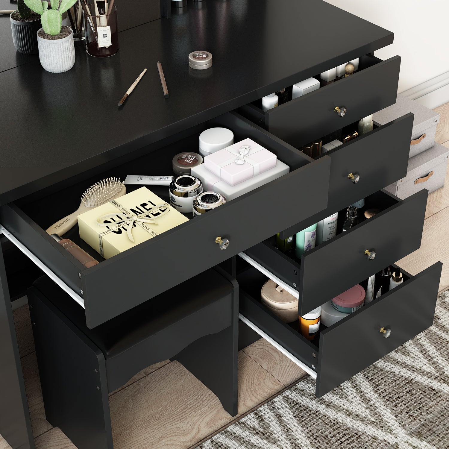 Makeup Vanity Set with Sliding Lighted Mirror, Cushioned Stool, 5 Drawers & Shelves