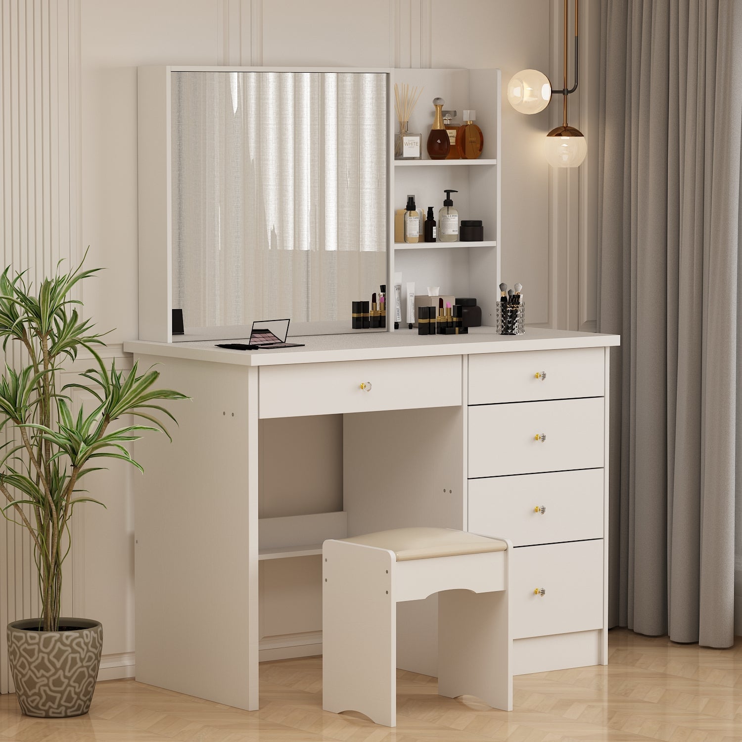 Large Vanity Set Makeup Vanity Dressing Table with Sliding Lighted Mirror 5 Drawers & Shelves