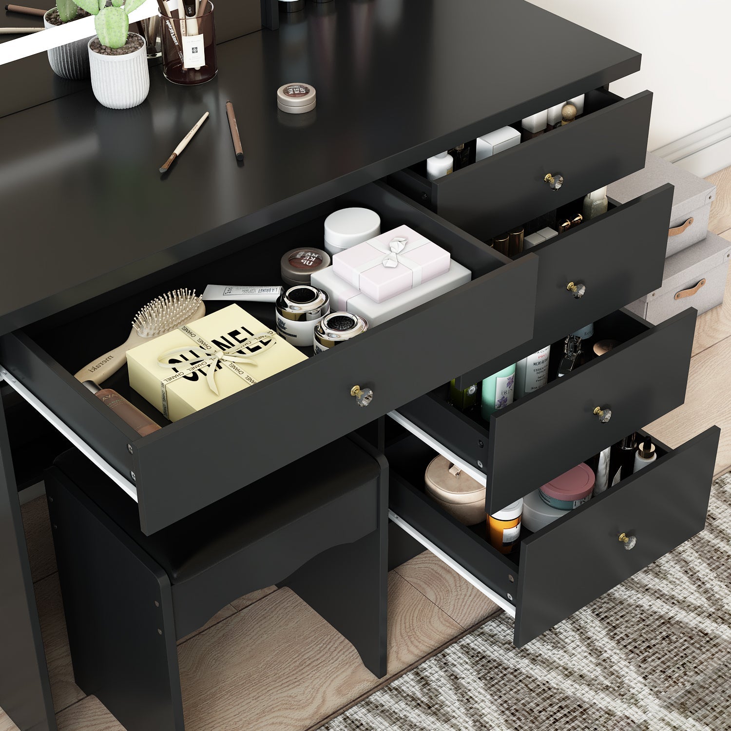 Makeup Vanity Set with Sliding Lighted Mirror, Cushioned Stool, 5 Drawers & Shelves