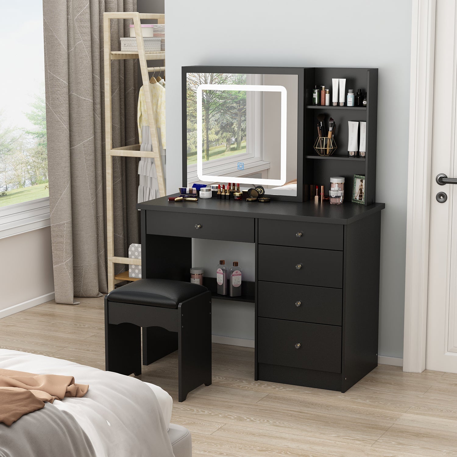 Large Vanity Set Makeup Vanity Dressing Table with Sliding Lighted Mirror 5 Drawers & Shelves