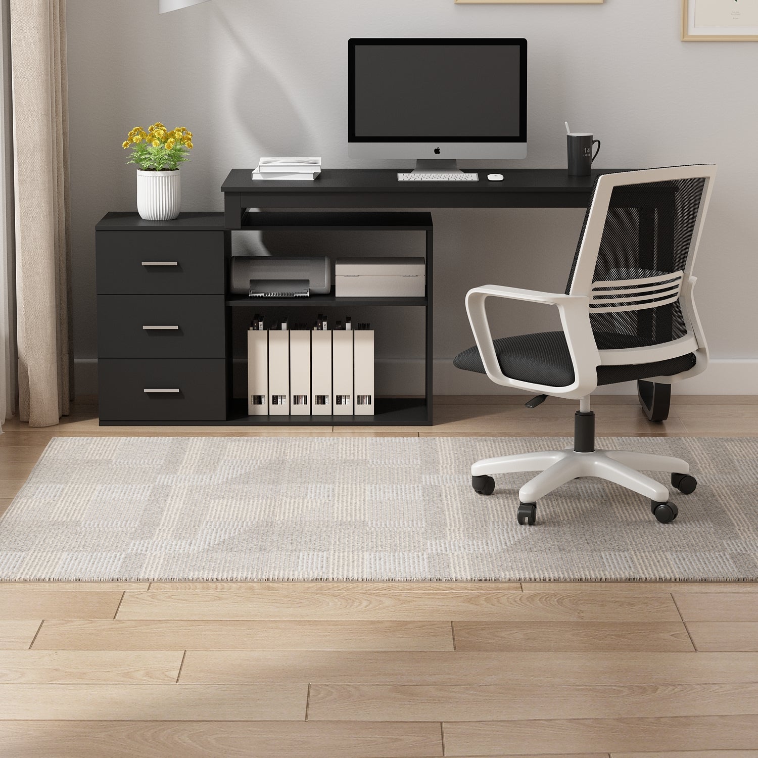 Home Office Computer Desk Corner Desk with 3 Drawers and 2 Shelves, 55 Inch Large L-Shaped Study Writing Table with Storage Cabinet