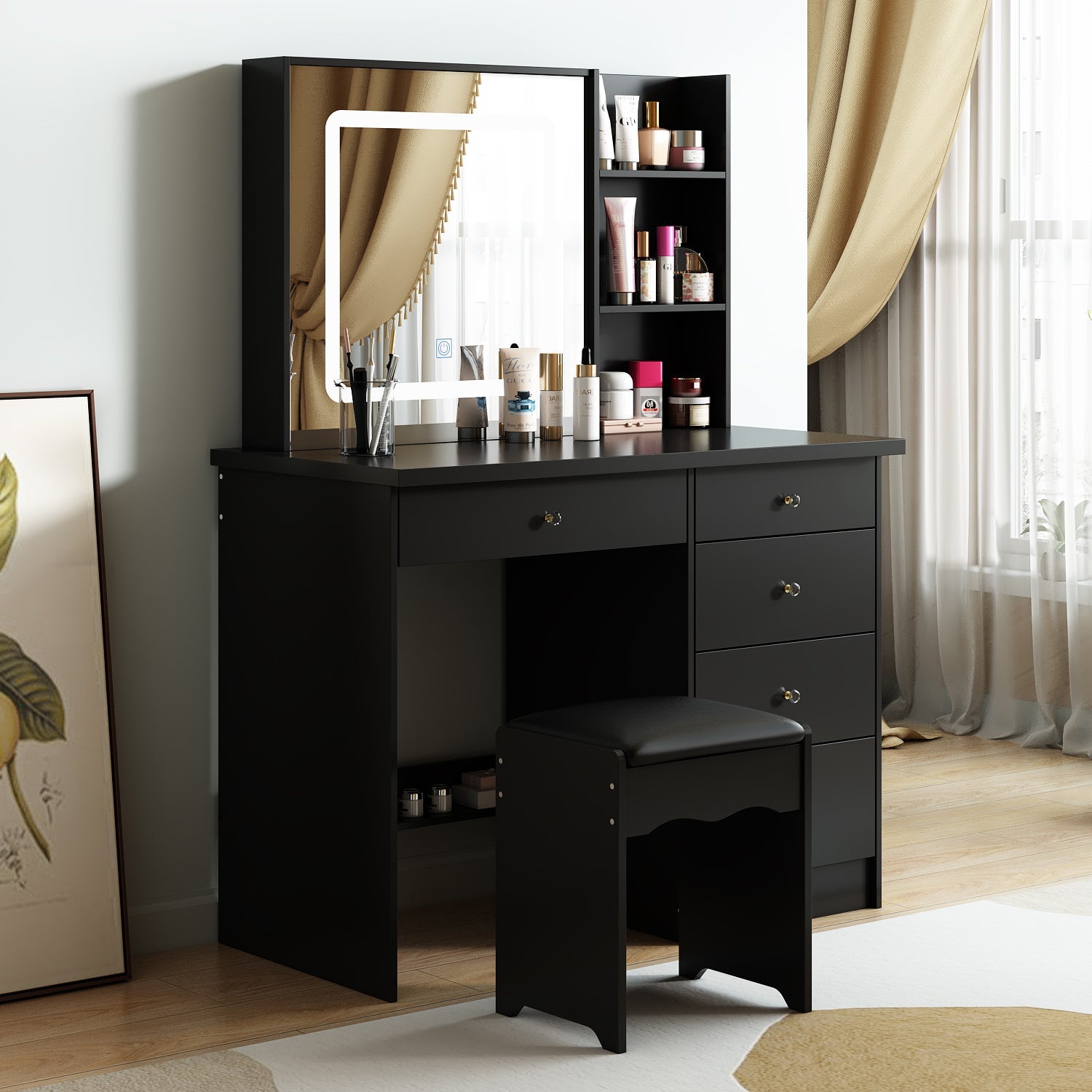 Makeup Vanity Set with Sliding Lighted Mirror, Cushioned Stool, 5 Drawers & Shelves