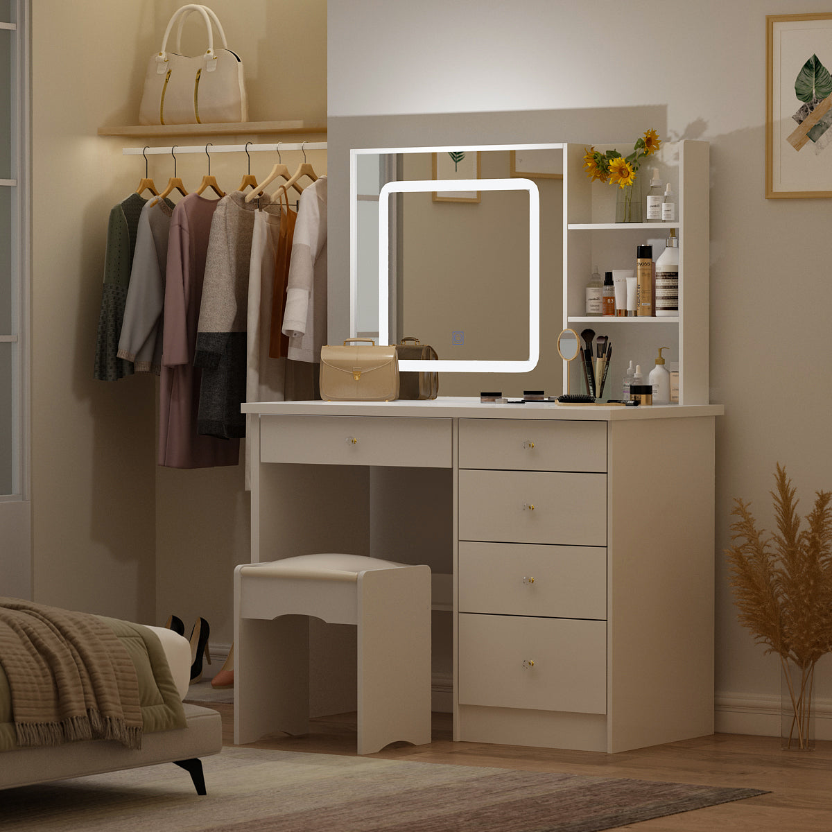 Large Vanity Set Makeup Vanity Dressing Table with Sliding Lighted Mirror, 5 Drawers & Shelves, Dresser Desk and Cushioned Stool Set
