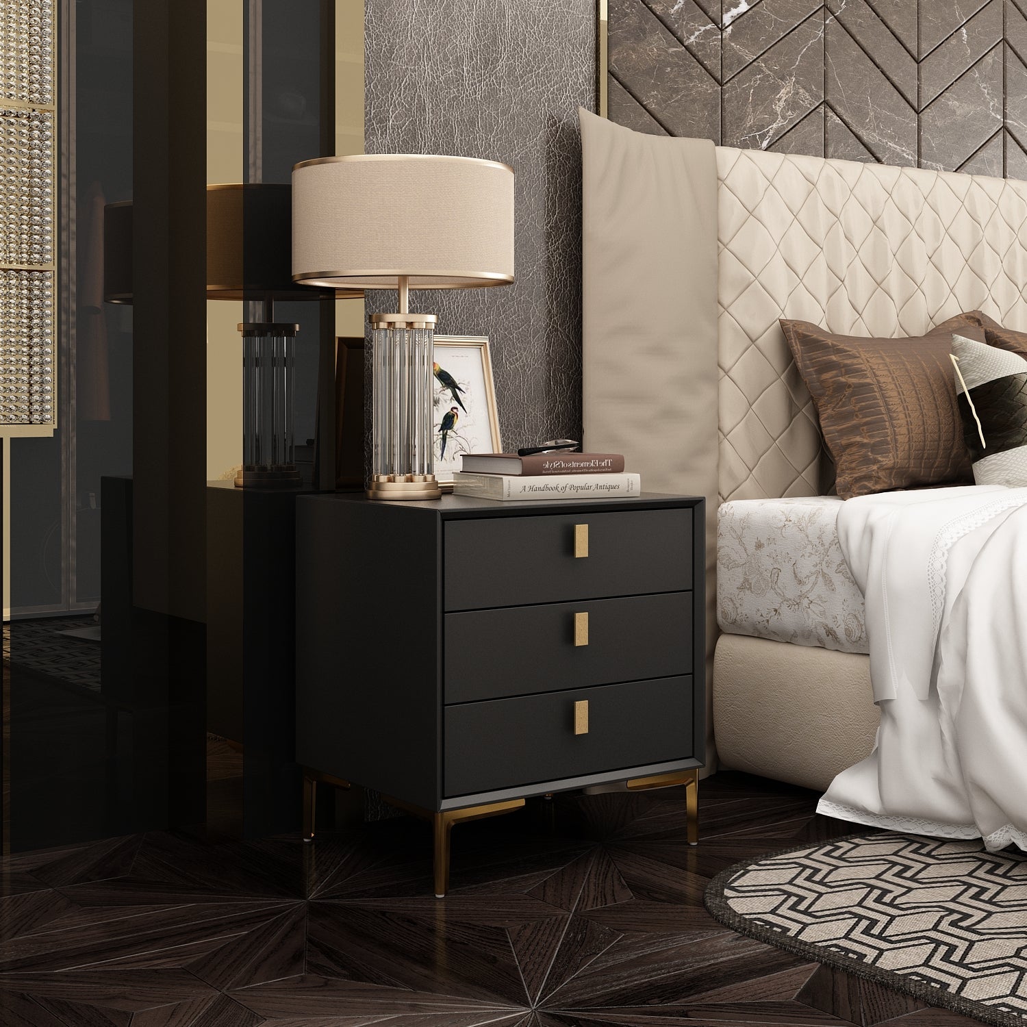 Nightstand Dresser Black End Table in Gold Metal Legs with 3 Drawers