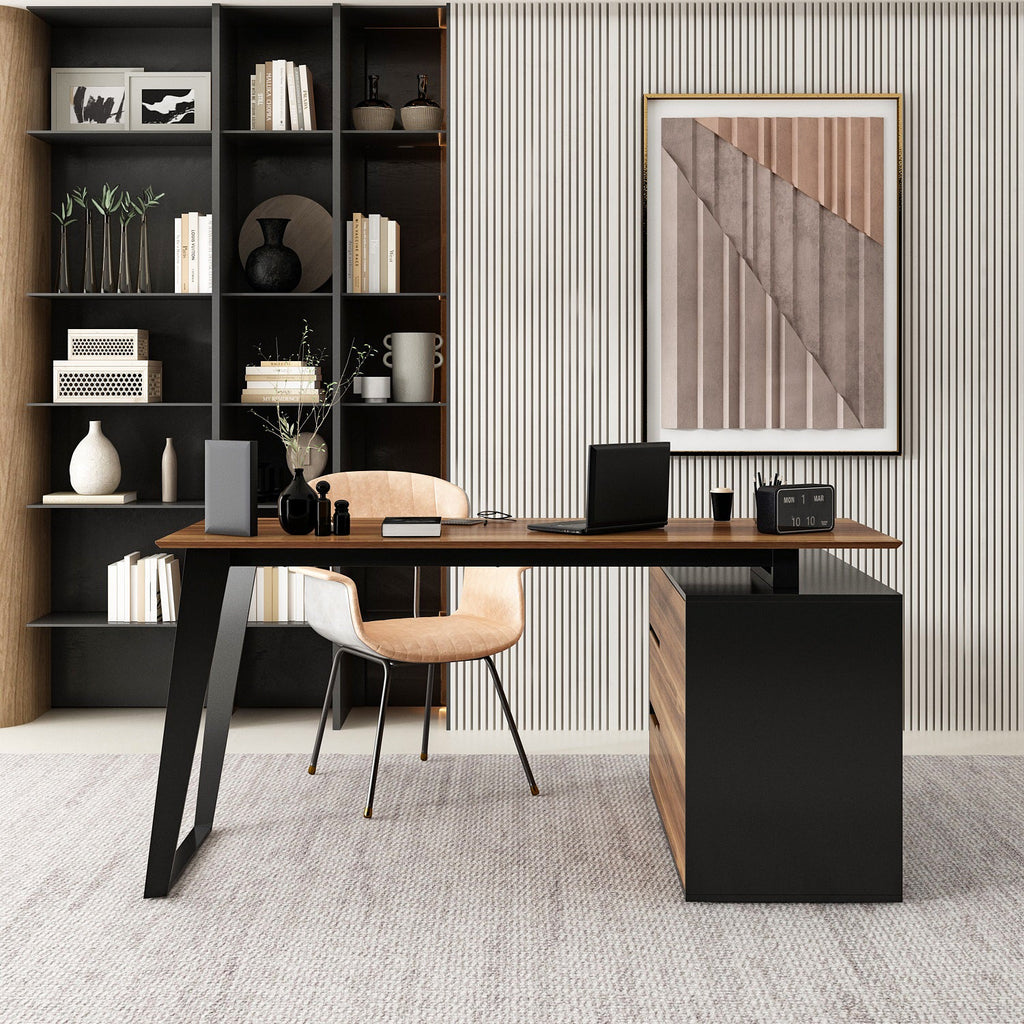 L-Shaped Corner Computer Desk with Drawers Brown Wood Grain