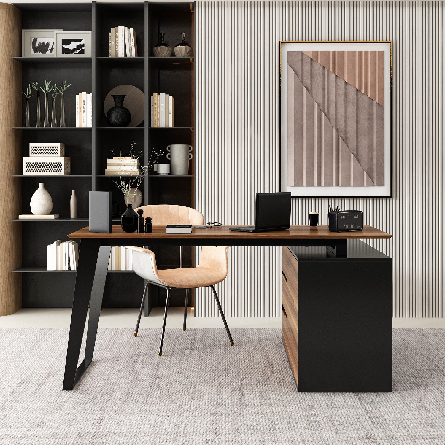 L-Shaped Corner Computer Desk with Drawers Brown Wood Grain