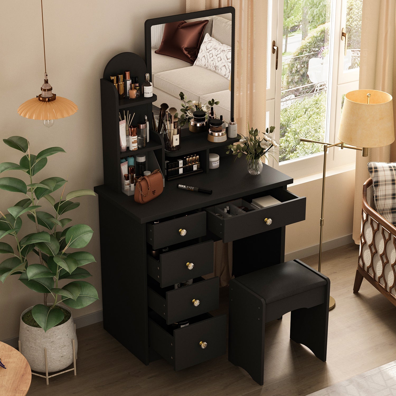 Vanity Set With Stool, Mirror, LED Light and 3-Tier Storage Shelves & 5-Drawer