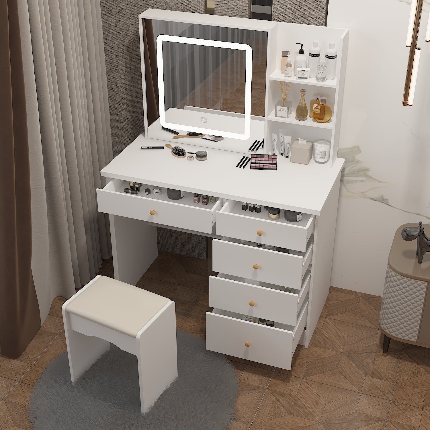 Large Vanity Set Makeup Vanity Dressing Table with Sliding Lighted Mirror 5 Drawers & Shelves