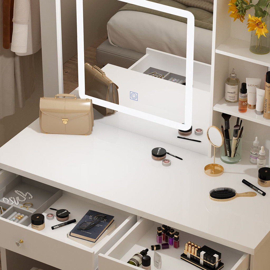 Large Vanity Set Makeup Vanity Dressing Table with Sliding Lighted Mirror, 5 Drawers & Shelves, Dresser Desk and Cushioned Stool Set