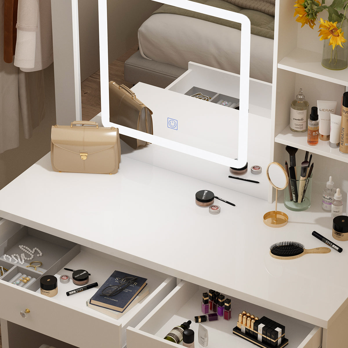 Large Vanity Set Makeup Vanity Dressing Table with Sliding Lighted Mirror, 5 Drawers & Shelves, Dresser Desk and Cushioned Stool Set