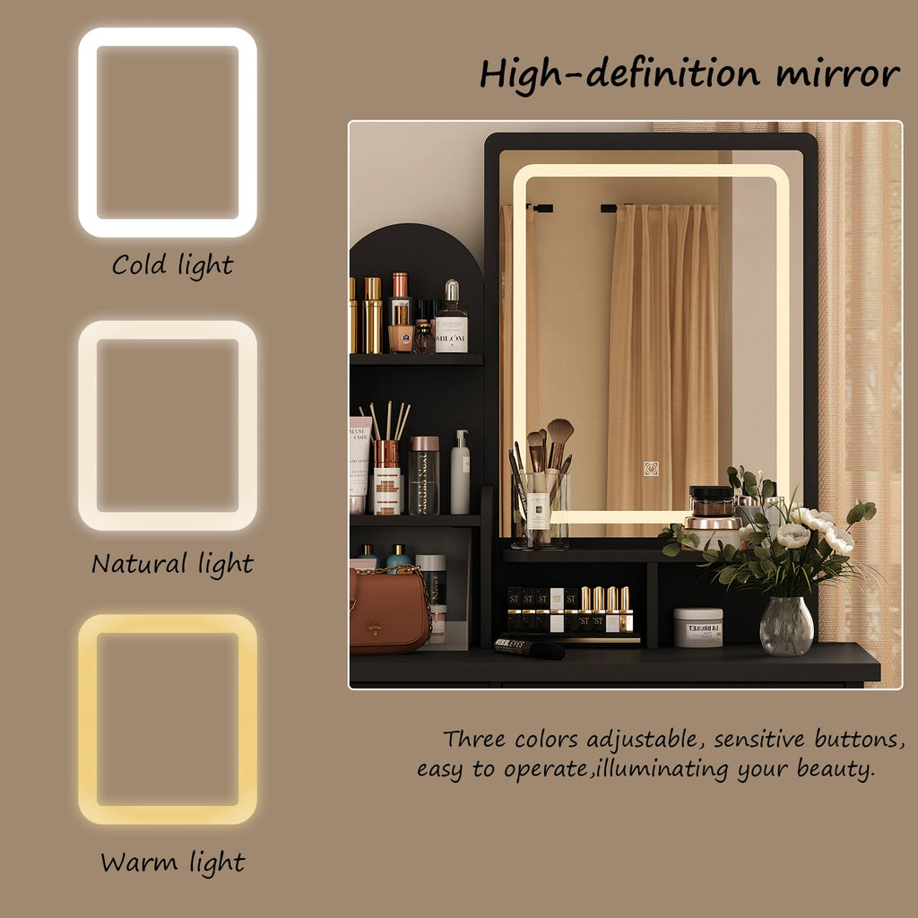 Vanity Set With Stool, Mirror, LED Light and 3-Tier Storage Shelves & 5-Drawer