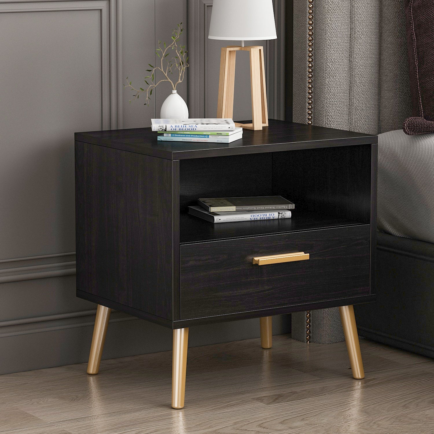 Small Bedside Cabinet 1 Open Shelf and 1 Drawer Storage Table Nightstand