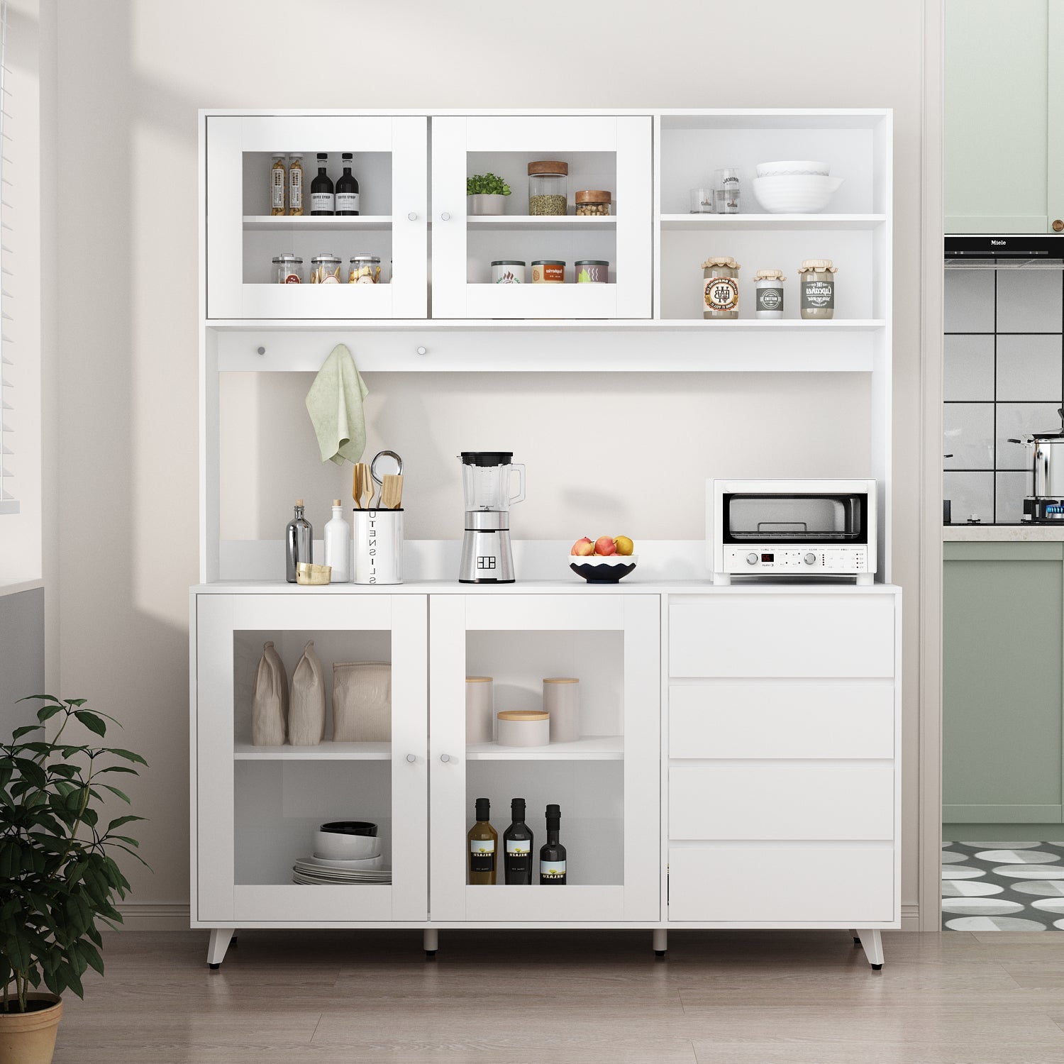 Storage Sideboard Cabinet Cupboard with Drawers and Glass Doors for Kitchen Organization