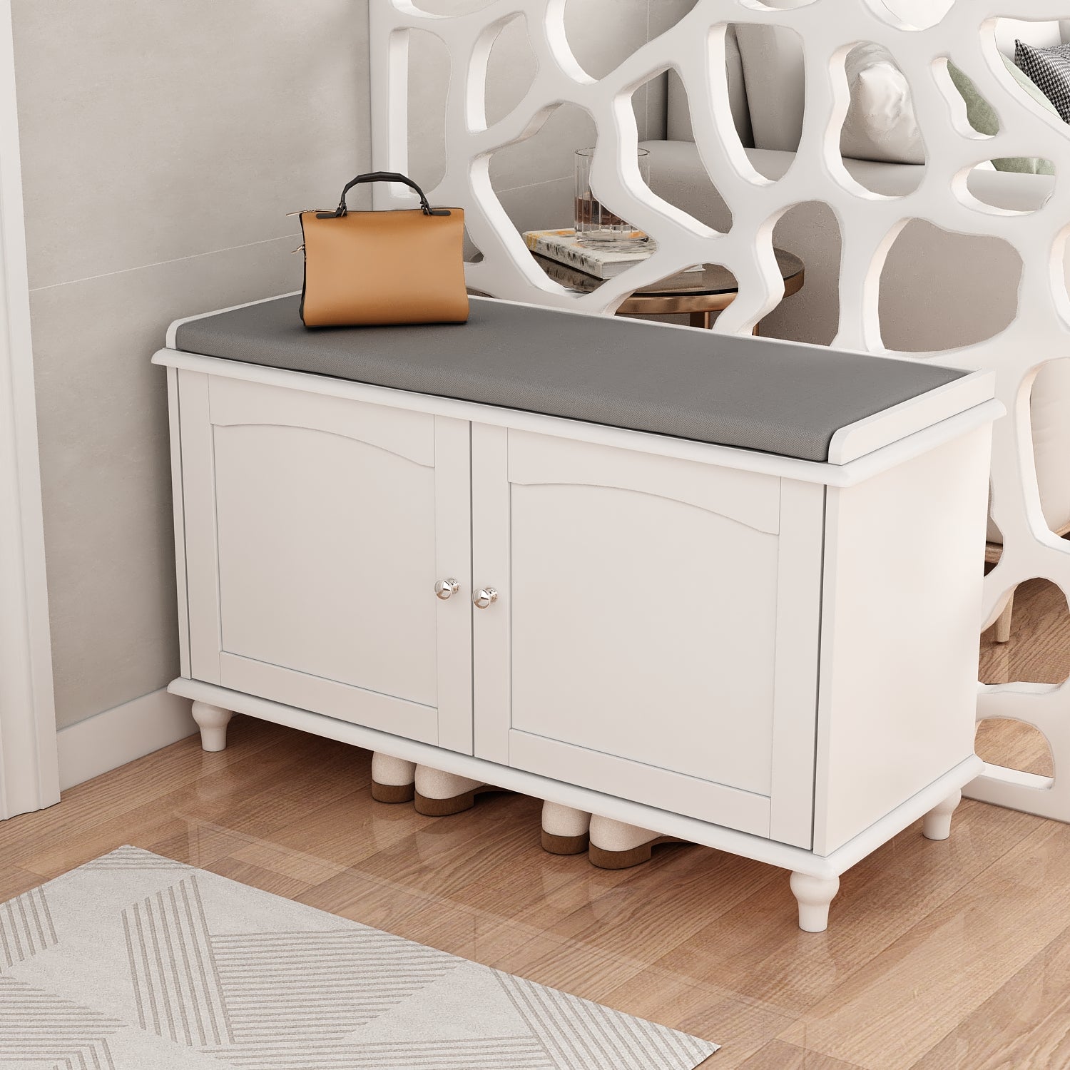Shoe Bench Entryway Bench Cubby Shoe Rack Organizer with 2 Doors for Living Room Bedroom