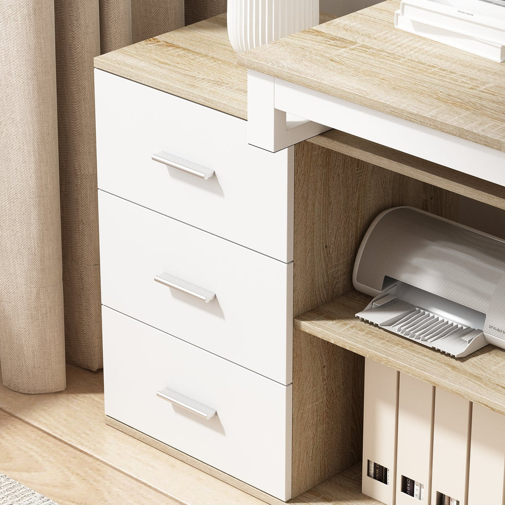 Home Office Computer Desk Corner Desk with 3 Drawers and 2 Shelves, 55 Inch Large L-Shaped Study Writing Table with Storage Cabinet
