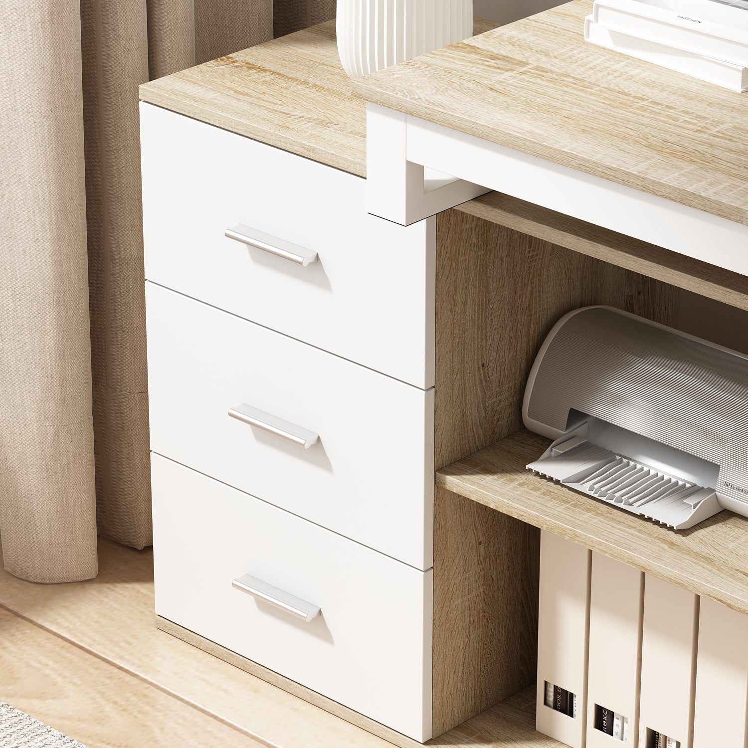 Home Office Computer Desk Corner Desk with 3 Drawers and 2 Shelves, 55 Inch Large L-Shaped Study Writing Table with Storage Cabinet