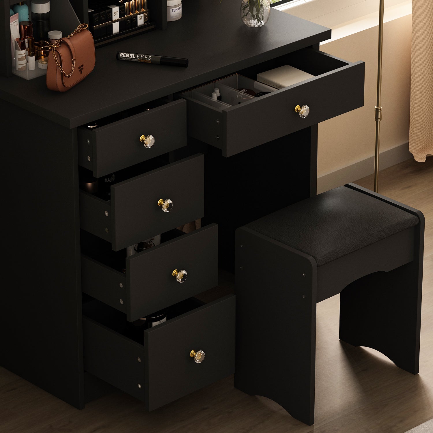 Vanity Set With Stool, Mirror, LED Light and 3-Tier Storage Shelves & 5-Drawer