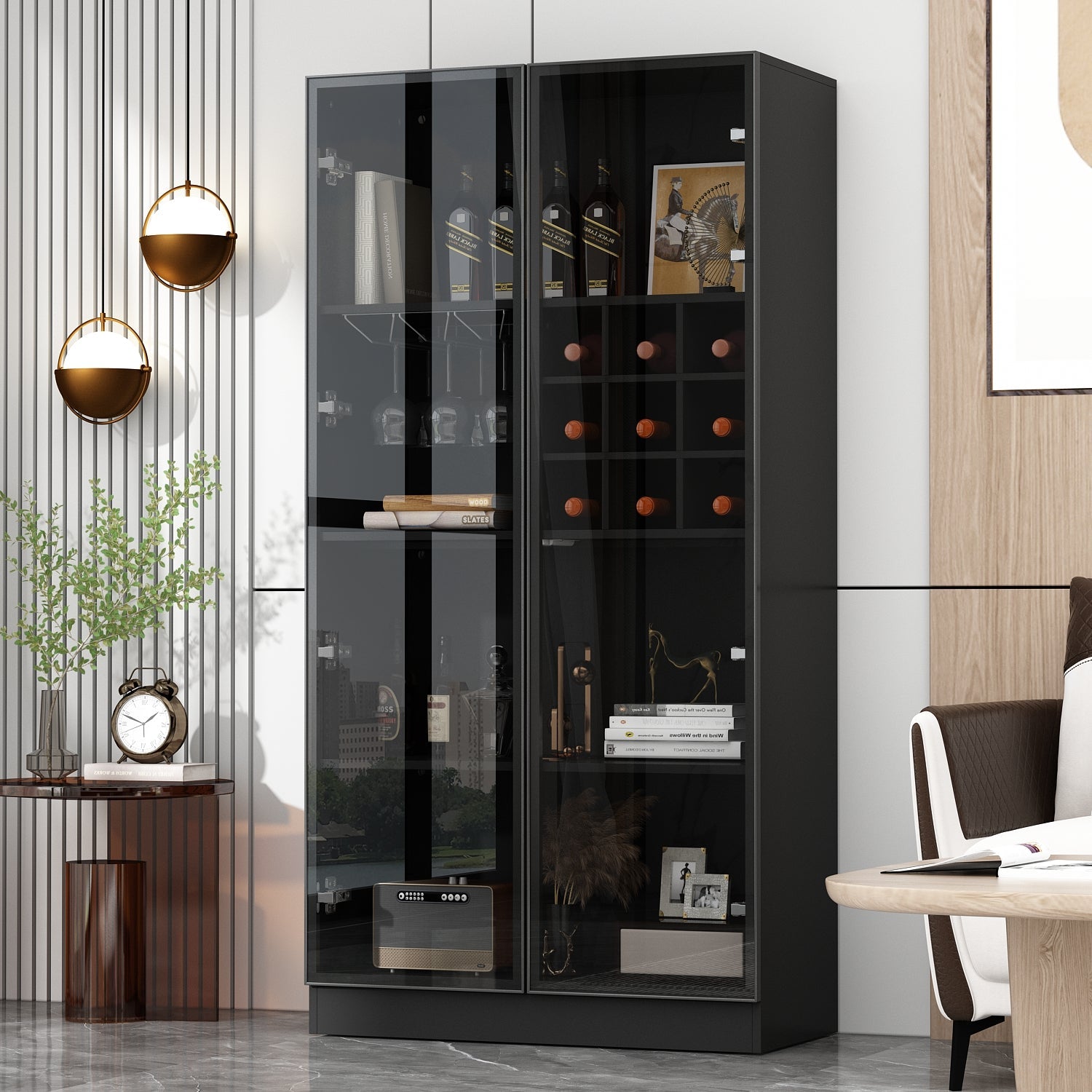 Display Cabinet Bookcase with Lights and Glass Doors