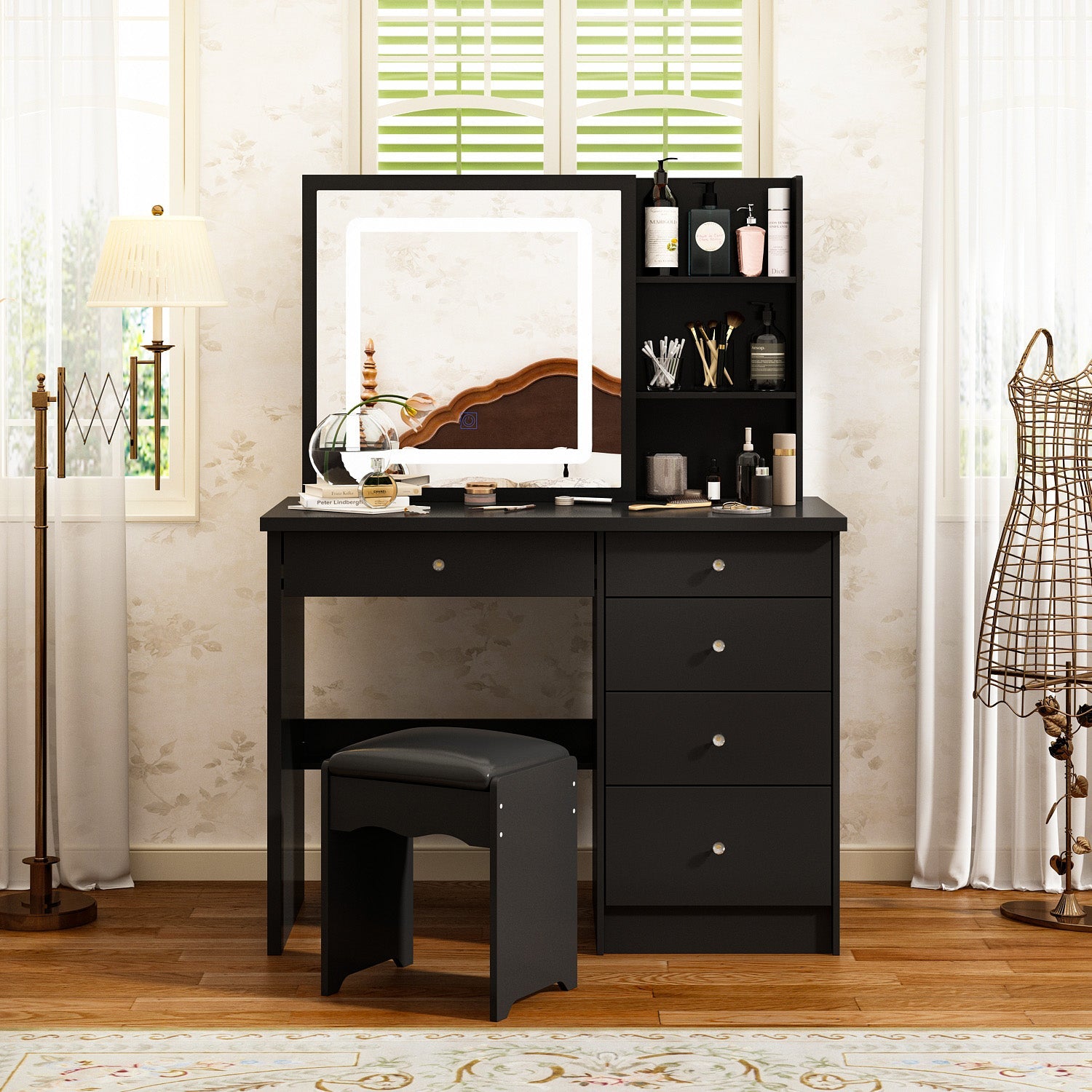 Large Vanity Set Makeup Vanity Dressing Table with Sliding Lighted Mirror 5 Drawers & Shelves