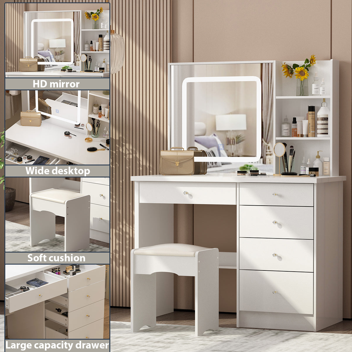 Large Vanity Set Makeup Vanity Dressing Table with Sliding Lighted Mirror, 5 Drawers & Shelves, Dresser Desk and Cushioned Stool Set