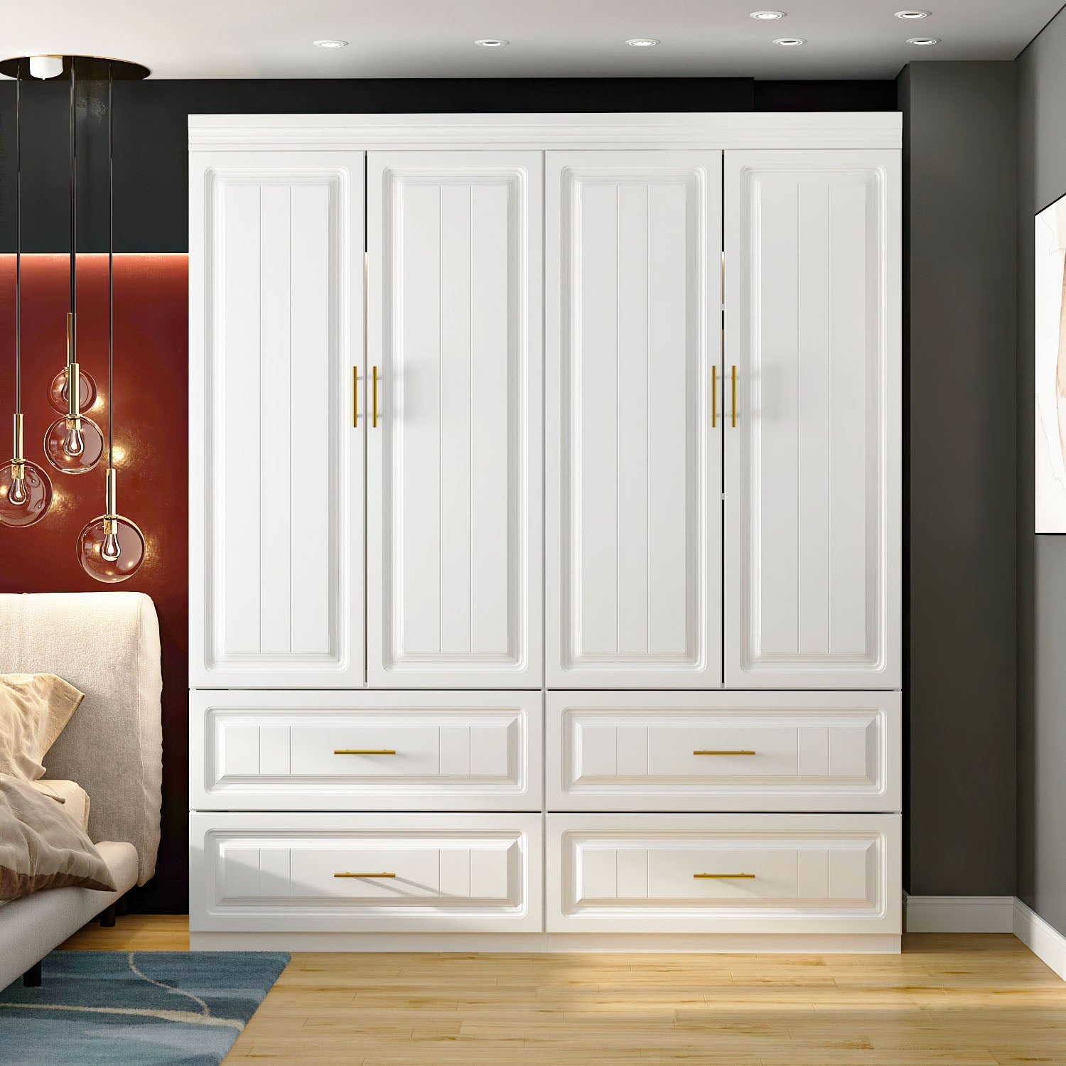 Family Cabinet Wardrobe Bedroom Armoire Home Closet 4 Doors and Drawers